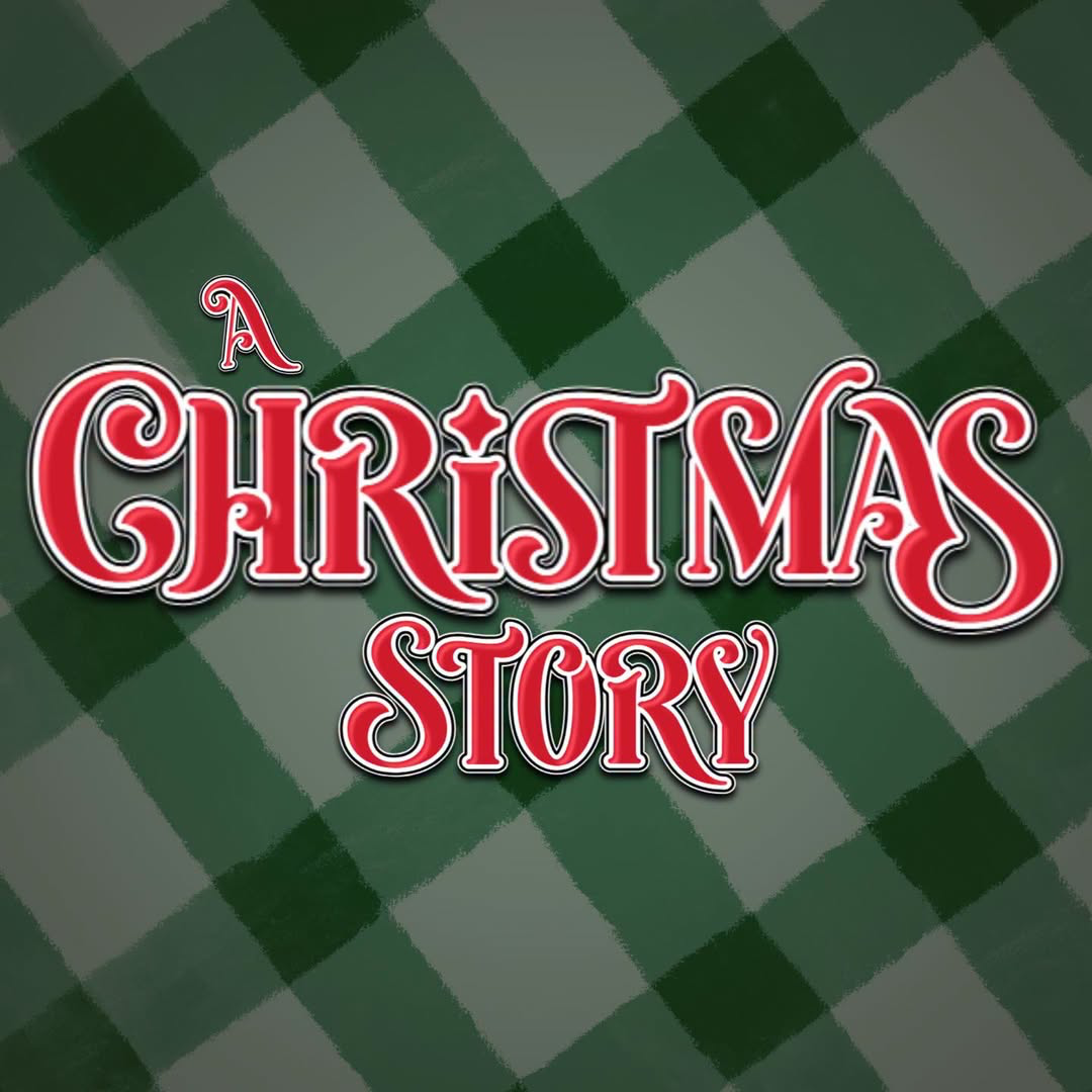 A Christmas Story title artwork on a green argyle background