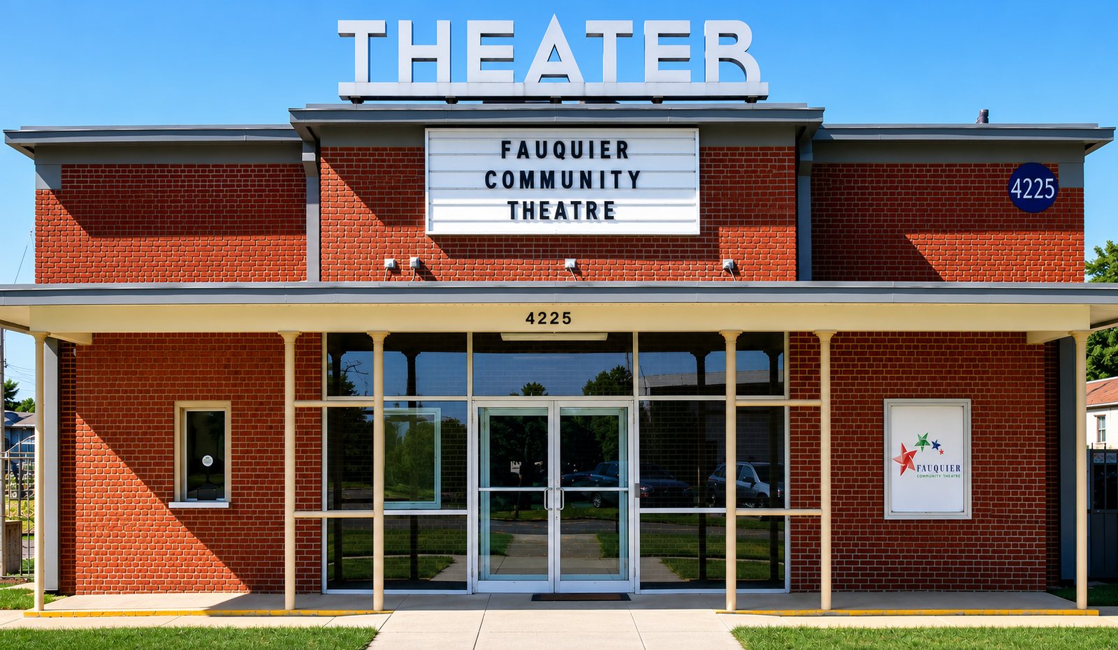 The Fauquier Community Theatre building — a brick theater with a marquee reading &ldquo;Fauquier Community Theatre&rdquo; and a &ldquo;THEATER&rdquo; sign on the roof.